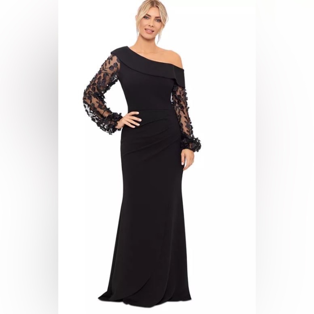 Xscape Elegant Black Asymmetrical Gown with Floral Sleeves